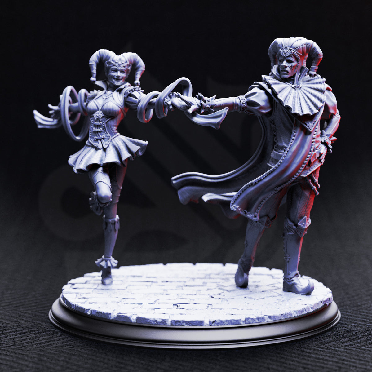 Sanguine and Melancholy Vampire Jester Lovers - 3D Printed Tabletop Miniature